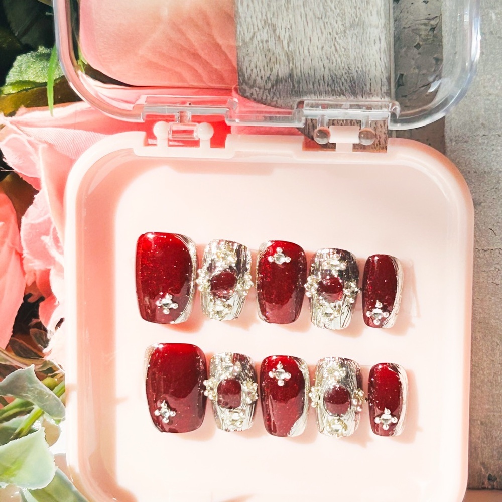 Red and Silver Press-On Nails
